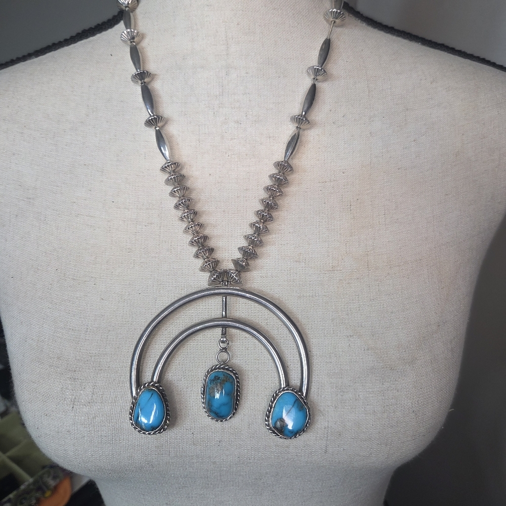 vtg Southwest navajo squash blossom naja pendant necklace 28in 96.73g